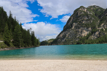 Fototapeta premium Lago di Braies, Pragser Wildsee, Dolomites, Italy, emerald alpine lake view