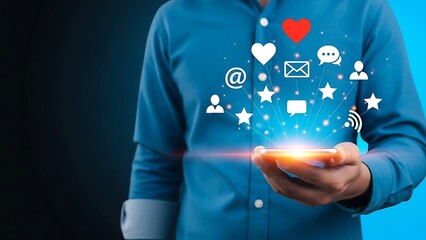 Man in blue shirt holding smartphone with social media icons and symbols floating above screen on dark