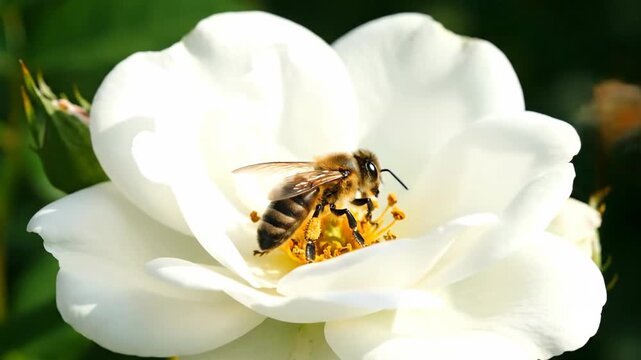 Close-up of a bee pollinating a white rose flower collecting pollen in nature, a beautiful floral blossom in springtime.