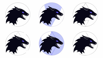 Obraz premium Modern Black Wolf Head Silhouette Set with Glowing Blue Eyes and Geometric Accents