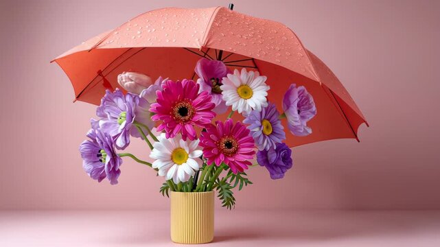 Colorful floral arrangement under orange umbrella with raindrops, showcasing vibrant daisies, anemones, and tulips in a yellow vase against a soft pink background, emphasizing the beauty of nature ind