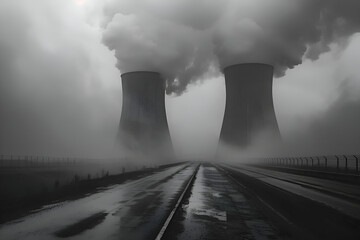 Haunting monochrome image of industrial cooling towers emitting steam in foggy landscape