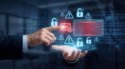 Digital cyber threats security breach concept hand pointing to threat icons technology hologram