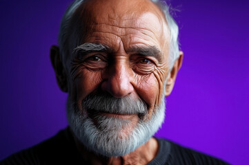 A close-up studio portrait of a smiling elderly man with a thick gray beard highlights the texture of his wrinkled face against a deep purple background.