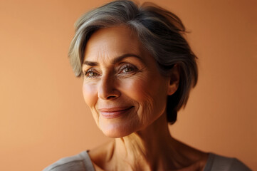 A radiant mature woman with short gray hair smiles in a close-up portrait, casting a subtle glance against a warm, textured orange background.