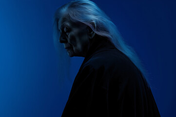 An elderly woman with long white hair is captured in a dramatic profile silhouette, highlighted by intense blue studio lighting.