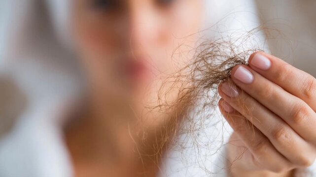 Stressed woman shows the tuft of hair in her hand, suffering from hair loss problem after shower 