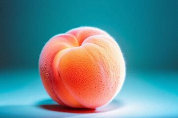 A fuzzy, vibrant orange and pink peach rests against a dramatically lit teal and blue background, emphasizing its soft texture and warm colors.