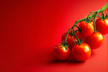 A cluster of fresh, ripe red tomatoes remain attached to a green vine, dramatically positioned against a vibrant monochromatic red surface.