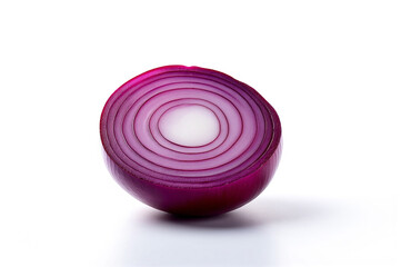 The cross-section of a vibrant red onion reveals striking concentric purple rings and a bright white core, isolated on a clean white surface.