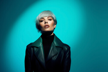 A young white woman with short, pale blue hair and a dark green leather jacket poses intensely against a vibrant cyan background with dramatic lighting.