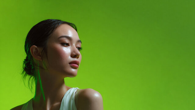 fresh dewy beauty portrait on neon green backdrop, modern studio beauty editorial with youthful glow, minimalist fashion beauty portrait with luminous skin