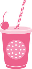 Fototapeta premium Pink soda cup vector illustration with a straw and cherry on top isolated on a white background background.