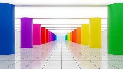 Fototapeta premium Vibrant rainbow colored cylindrical pillars line a long white tiled corridor creating an abstract perspective design