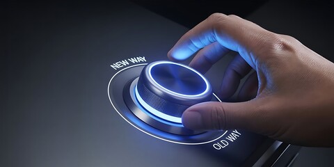 Hand rotating a control knob to select the New Way over the Old Way with blue illumination