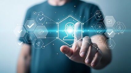 Man interacting with futuristic digital interface and glowing brain icon for artificial intelligence