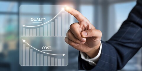 Hand touching transparent screen with graphs of increasing quality and decreasing cost