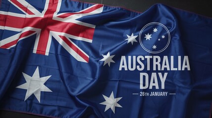 Australia Day Greeting for January 26th with the Australian National Flag Waving Over a Dark Background to Celebrate National Pride