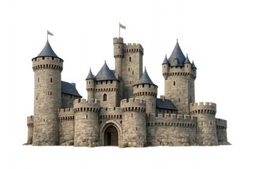 Ancient medieval stone castle with fortified towers and walls isolated on white background