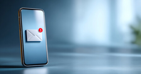 Smartphone displaying a new email notification with envelope icon and red alert badge on blue blurred background