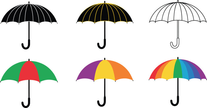 Set of six umbrella vector icons including black silhouettes line art and colorful rainbow designs on white background.