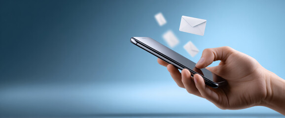 Hand holding smartphone with floating email icons representing digital communication and message sending on blue gradient background