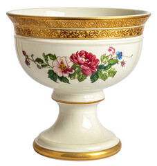 antique expensive porcelain goblet vase in white golden colors with flower pattern isolated on white