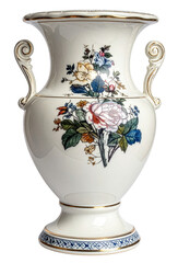 antique white porcelain vase with ears handle and flower pattern isolated on white