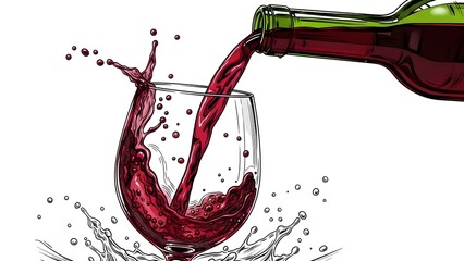 Dynamic illustration captures vibrant red wine being dramatically poured splashing vigorously into a clear glass