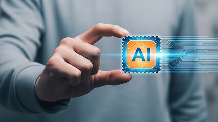 A person holds a glowing ai chip between their thumb and index finger with circuit lines emanating