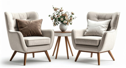 modern living chairs and table with cushion set isolated on white