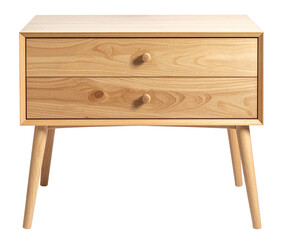 front view of minimalist wooden table with double drawer isolated on white