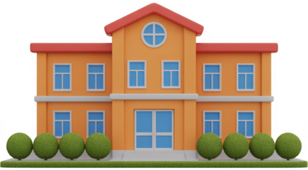 Orange House with Red Roof and Green Bushes building isolated on a transparent background