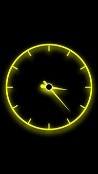 Neon Yellow Clock Face with Hour and Minute Hands on Black Background time glowing