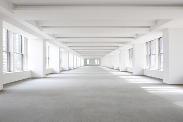 Obraz premium Spacious Empty Office Corridor with Natural Light and Professional Ambiance