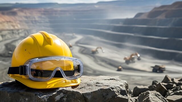 Yellow hard hat and safety goggles on rocky outcrop overlooking active quarry site with heavy machinery