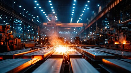 Steel mill interior with glowing slabs and spark effects, showcasing heavy industry and energy. Suitable for industrial themes and manufacturing concepts.