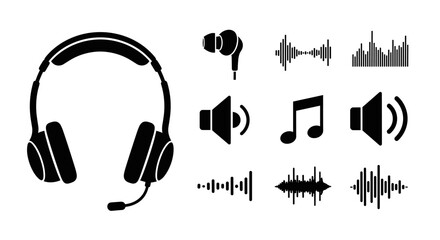 Collection of black silhouette icons representing audio and music elements, including a detailed headset with microphone, a single earphone, musical notes, speaker volume symbols, and various sound