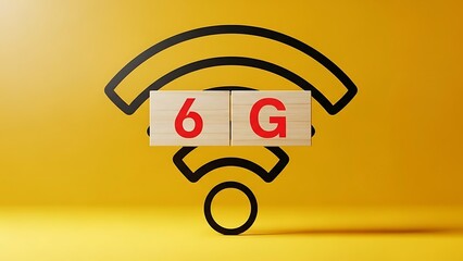 Sixth generation wireless network symbol with 6g text on wooden blocks against yellow background