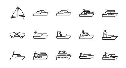Collection of diverse boat and ship vector icons, featuring a sailboat, yachts, cargo ships, ferries, and a rowboat with oars, presented as clean, ordered line art on a white background, perfect for