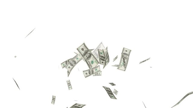 Falling Money on a white color background for overlay. realistic money rain overlay for finance, us currency falling down animation.