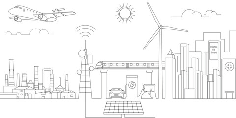 Sustainable Mobility and Transport and Green Technology Illustration, Green Mobility and Clean Energy Illustration, Hand Drawn Line Style vector illustrations