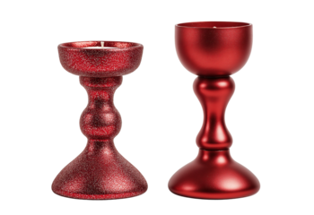 Two red metallic candle holders one with a glitter finish and one smooth isolated on a transparent background