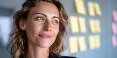 Close-up portrait of a thoughtful young woman with blue eyes looking away in an environment with sticky notes on the wall