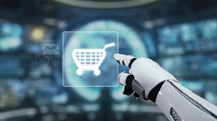 A robotic hand interacts with a digital interface displaying various e-commerce icons, highlighting the integration of technology in online shopping experiences. Auvana - Powered by Adobe