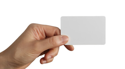 Obraz premium Hand holding a white card blank card fingers thumb isolated on a transparent background