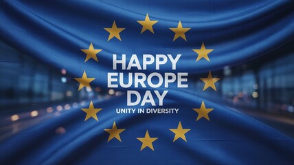 Happy Europe Day Banner for May 9th Featuring the European Union Flag Fabric with Waving Silk Texture and Unity in Diversity Motto