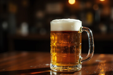 A large, textured glass mug of chilled, golden beer with a thick white foam head sits on a polished wooden counter in a dimly lit bar.