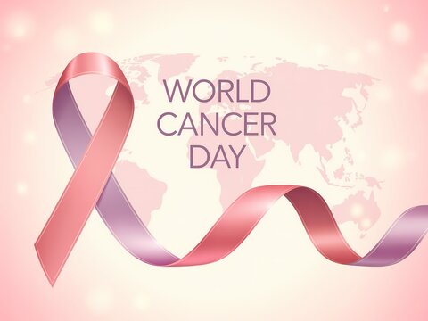World cancer day awareness ribbon on pink background with world map