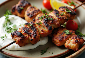 Two skewers of perfectly grilled chicken adorned with fresh herbs and served over a creamy white sauce, accompanied by tomatoes and a lemon wedge on a rustic plate.